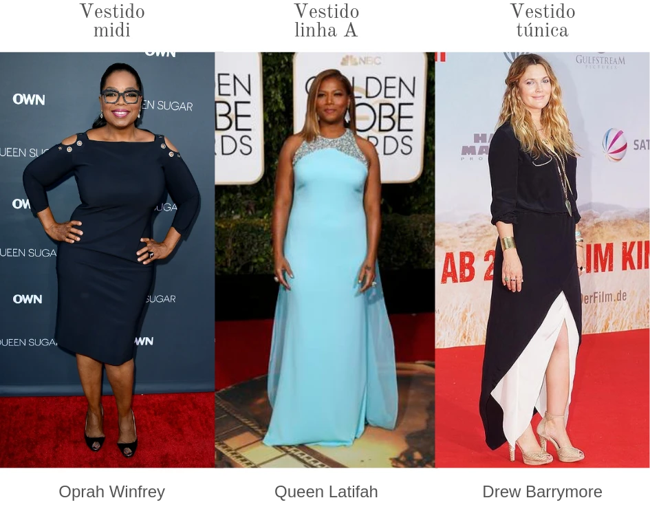 Big Closet - aluguer de vestidos e malas - corpo oval maçã -  oprah winfrey queen latifah drew barrymore